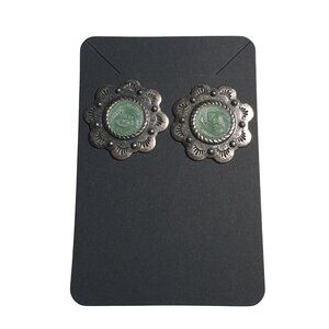 Vintage Silver Tone Plated Floral Green Enamel Stud Earrings Vintage Jewelry